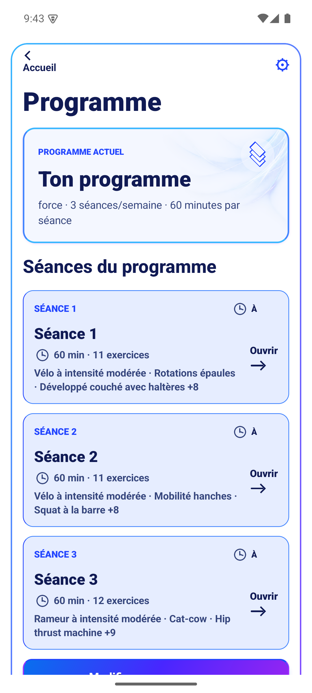 Capture réelle de l’écran Programme OVAKIO, thème AIR : programme actif de trois séances hebdomadaires, liste des séances et accès à leur contenu.